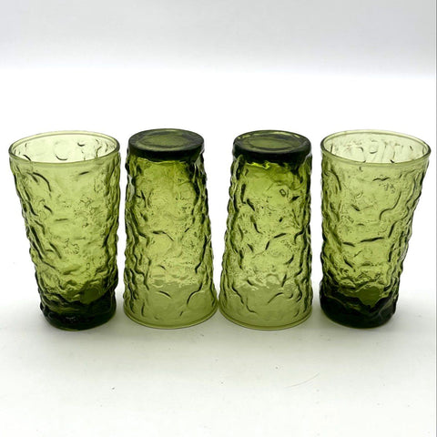 Vintage Pressed Glass Avocado Green Bark Textured Tumblers Set 4 Mid-Century
