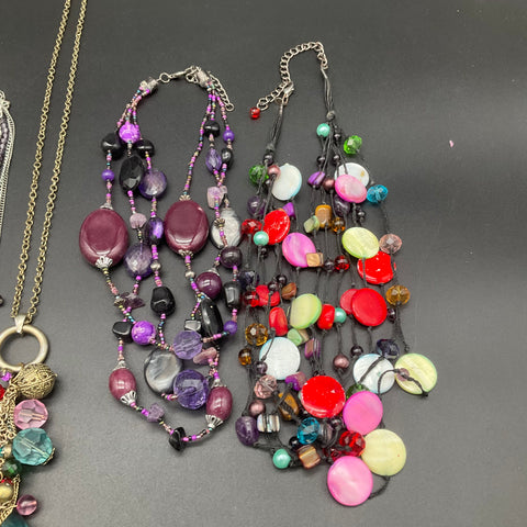 Statement Necklace Jewelry Lot of 7 Purple Pink Multicolor Beaded Multi-strand