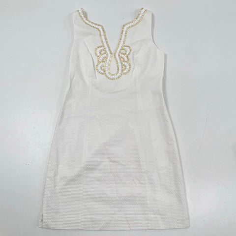 Lilly Pulitzer Women's White Seersucker Janice Shift Beaded Neckline Dress Sz 10