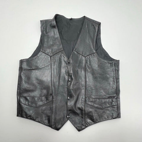 Vintage Men's Black Leather Biker Motorcycle Vest Snap Front Size XL