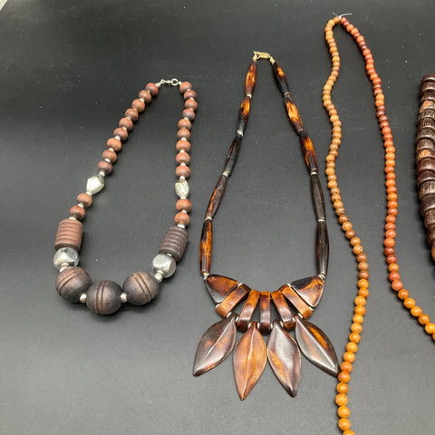 Vintage Boho Natural Wood Beaded Statement Necklaces Jewelry Lot of 7