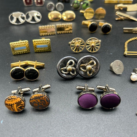 Vintage Men's Jewelry Lot Cufflinks Tie Clips Tacks Pins Gold Silver 50pc
