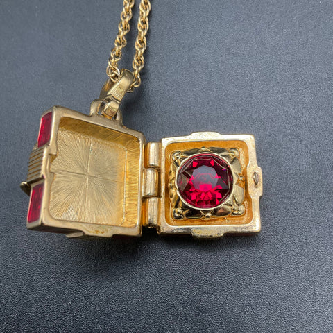 Swarovski Gold Tone Red Enamel Present Gift Box Locket Pendant Necklace
