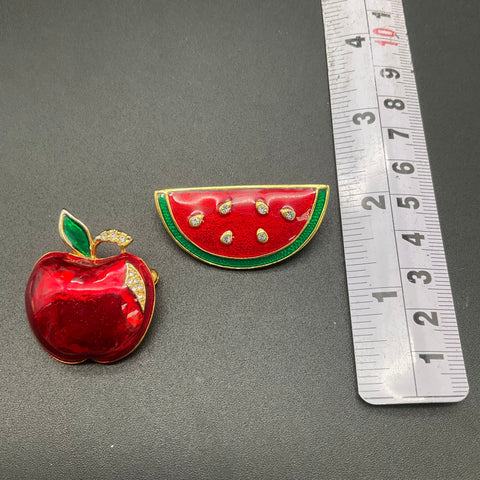 Vintage Enamel Fruit Brooch Pin Lot of 2 Watermelon Apple Rhinestone Gold Tone