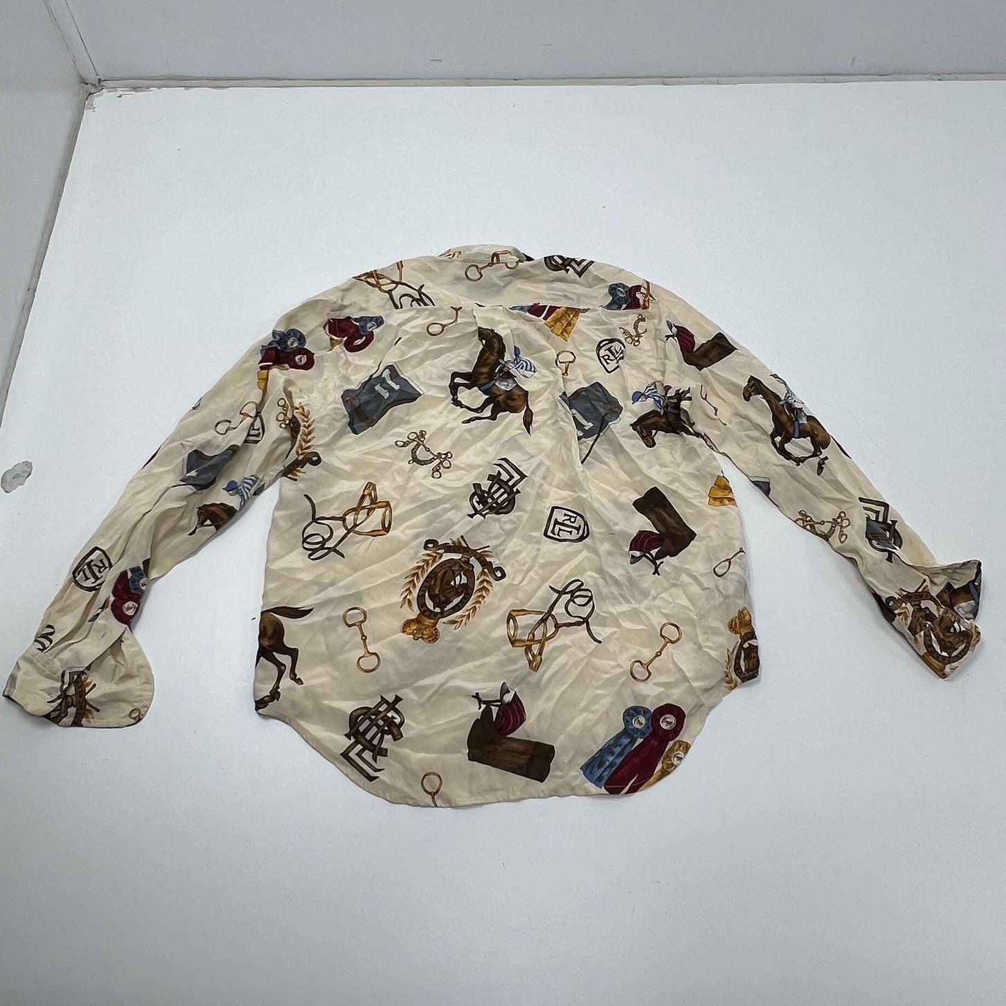 Vintage 90s Lauren Ralph Lauren Cream Equestrian Print Silk Blouse Women's 10P