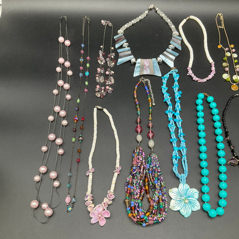 Vintage to Modern Costume Jewelry Lot 1 lb Beaded Shell Statement Necklaces 12pc
