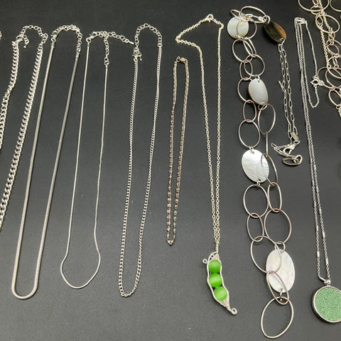 Silver Tone Necklace Jewelry Lot of 17 Modern Pendants Chains Shell Boho