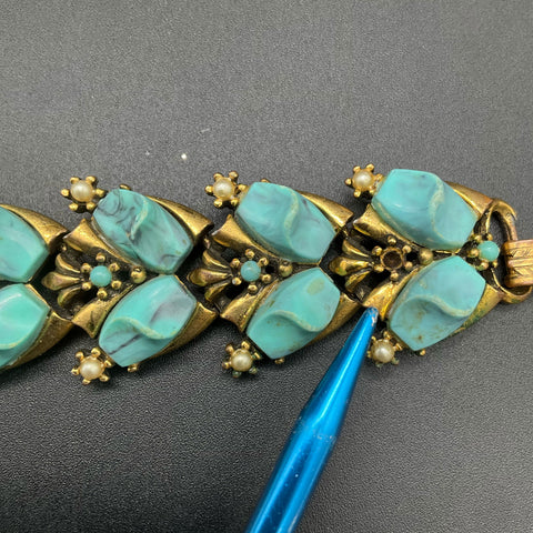 Vintage Costume Jewelry Lot 2 Bracelets Faux Turquoise Rhinestone Pearl Accents