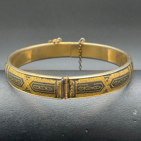 Vintage Damascene Hinged Bangle Bracelet Birds Flowers Gold Tone 7"