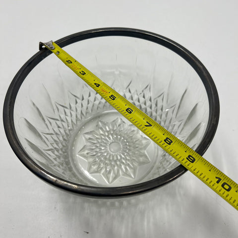 Vintage Mid-Century Cut Glass Salad Bowl Silver Plate Rim Starburst 8.5"
