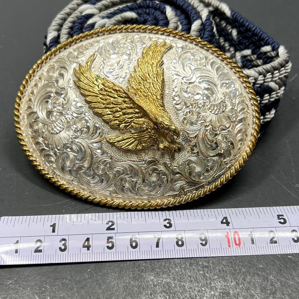 Silver & Gold Tone Eagle Belt Buckle on Blue & Grey Woven Belt