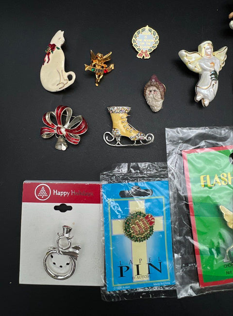 Christmas Holiday Jewelry Lot 18 Pcs Vintage to Modern Brooches Pins Santa Angel