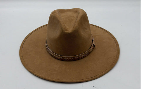 ASN Tan Faux Suede Wide Brim Fedora Hat Paisley Lining Braided Band Sz M