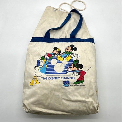 Disney 1984 Channel Mickey Minnie Donald Canvas Tote Bag Off-White