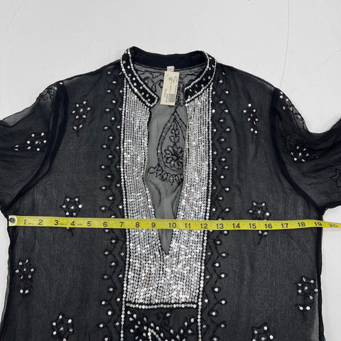 Pashi Chowdhury Women's Black Silk Kurti Sheer Sequined Dress India Sz L NWT