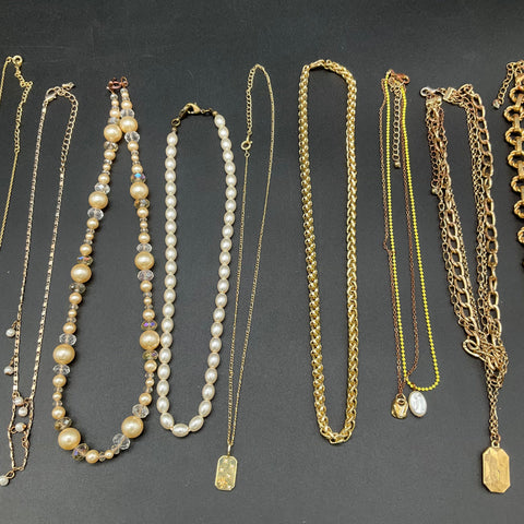 Gold Tone Faux Pearl Paperclip Chain Jewelry Lot 12 Wearable Fashion Necklaces