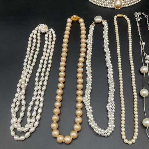 Vintage Faux Pearl Jewelry Lot of 9 Necklaces Choker Multi-Strand Classics