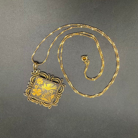 Vintage Damascene Pendant Necklace Gold Tone Filigree Frame Bird Floral 17"