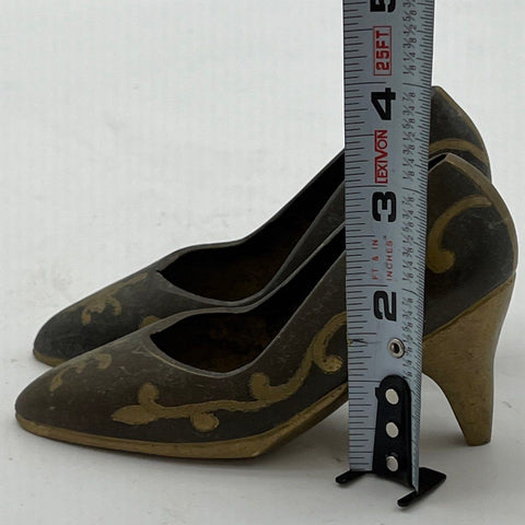 Vintage Brass Miniature High Heel Shoe Figurines Pair Ornate Floral Scroll