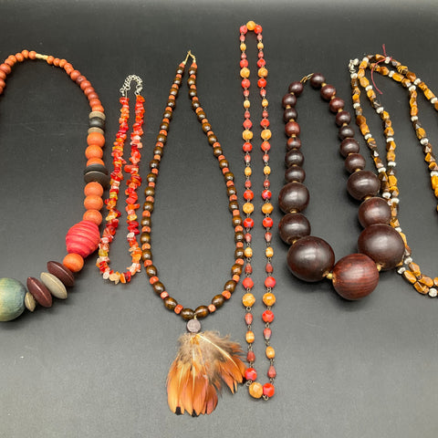 Vintage Boho Jewelry Lot of 7 Tiger's Eye Wood Bead Feather Stone Necklaces