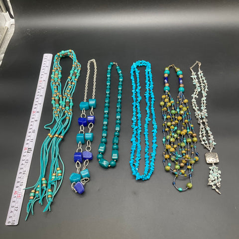 Southwestern Boho Beaded Jewelry Lot 6 Necklaces Turquoise Teal Blue Tones