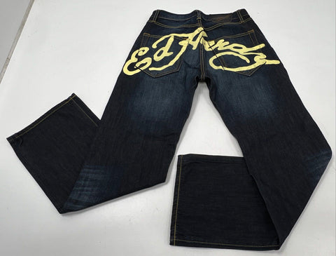 Vintage Y2K Ed Hardy Men's Christian Audigier Dark Blue Script Jeans Sz 30x32