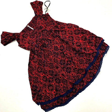 Free People Women's Red Black Combo Smocked Tiered Eyelet Mini Dress NWT Sz S