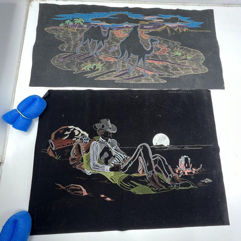 Lot 2 Vtg Unfinished Felt Velvet Art Black Americana Cowboy & Camel Desert Scene