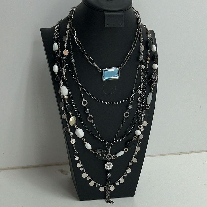 Lot Of Costume Blue Stone White Beaded Black Chains Jewelry Necklaces