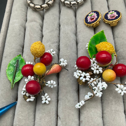 Vintage Costume Jewelry Lot 5 Pairs Micro Mosaic West Germany Fruit Kokeshi