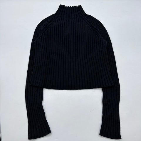 Suzanne Rae Women's Black Ribbed Mock Neck Cropped Cotton Sweater Italy Sz S