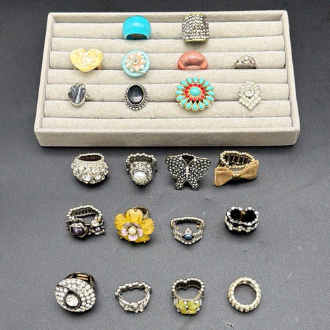 Fashion Jewelry Lot of 22 Costume Statement Stretch Rings Rhinestone Resin