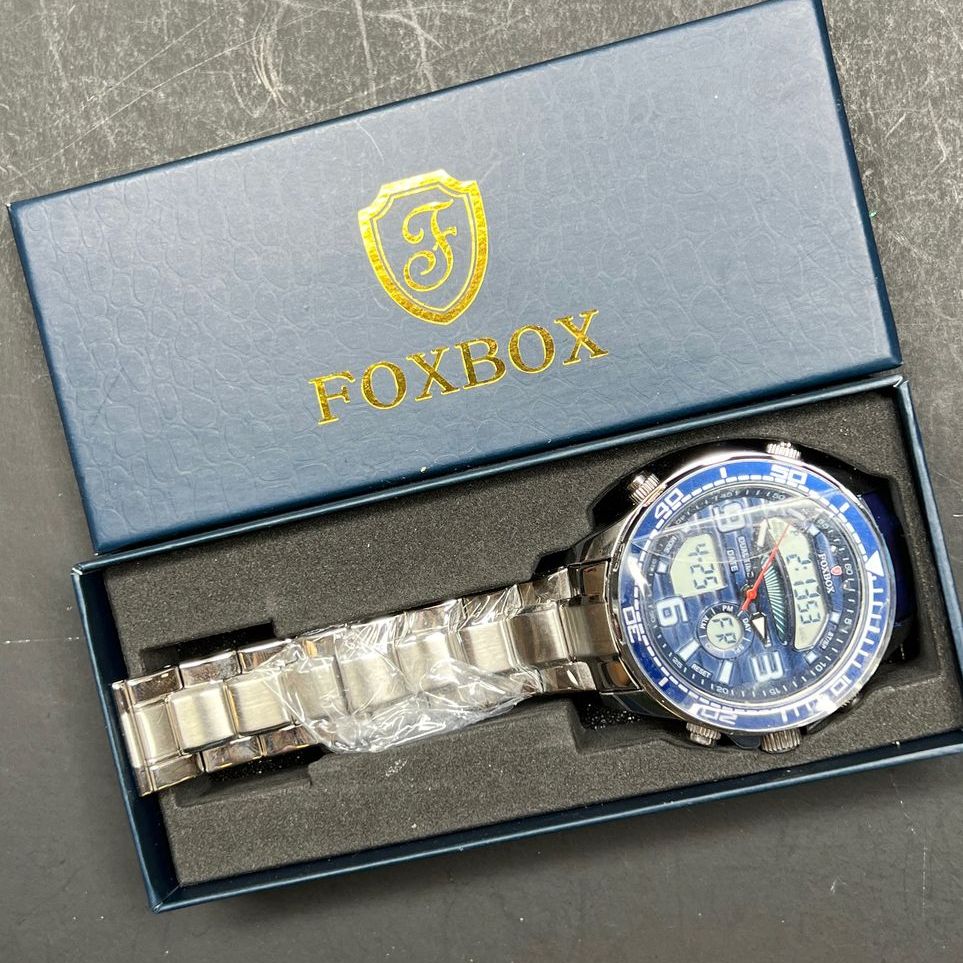 Foxbox Blue Face Silver Tone Watch IOB Working