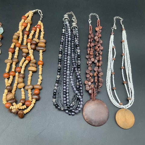 Mixed Costume Jewelry Lot 8 Necklaces Boho Beaded Wooden Gold Tone Statement