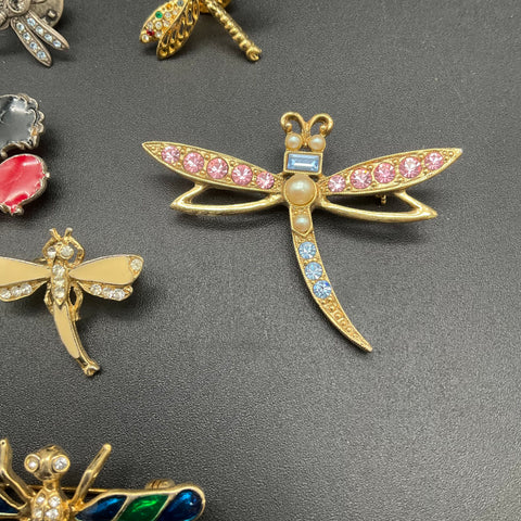 Vintage Dragonfly Brooch Pin Lot of 6 Rhinestone Enamel Gold Silver Tone