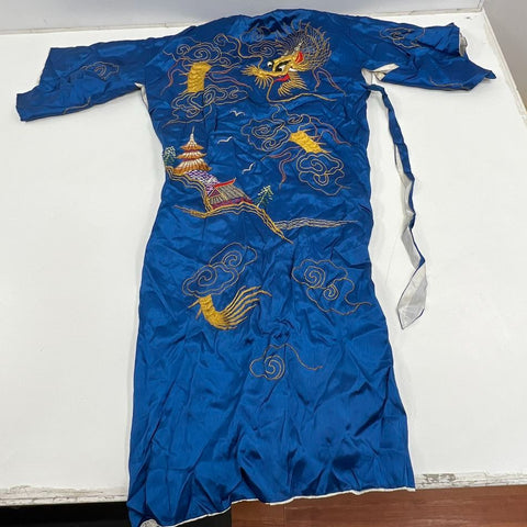 Vintage 50s Japanese Embroidered Dragon Souvenir Robe Kimono Smoking Jacket