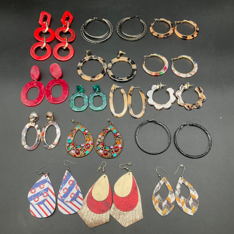 Fashion Earring Lot 15 Pairs Statement Hoops Resin Acrylic Faux Leather Boho