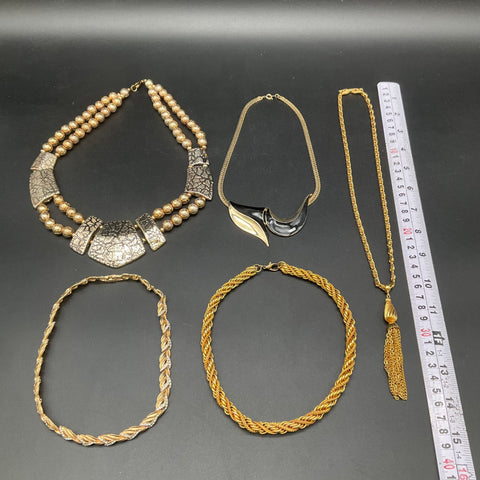 Vintage Gold Tone Costume Jewelry Lot 5 Necklaces Tassel Enamel Rhinestone