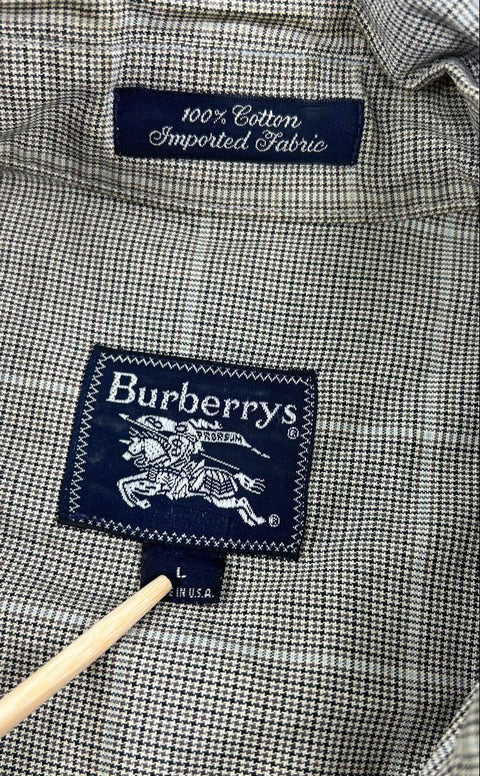 Vintage 90s Burberrys Men's Gray Plaid Houndstooth Cotton Button Up Shirt USA L