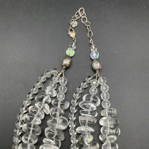 Coin Silver Clear Quartz Multi-Strand Necklace Faceted Tumbled Beads 206g