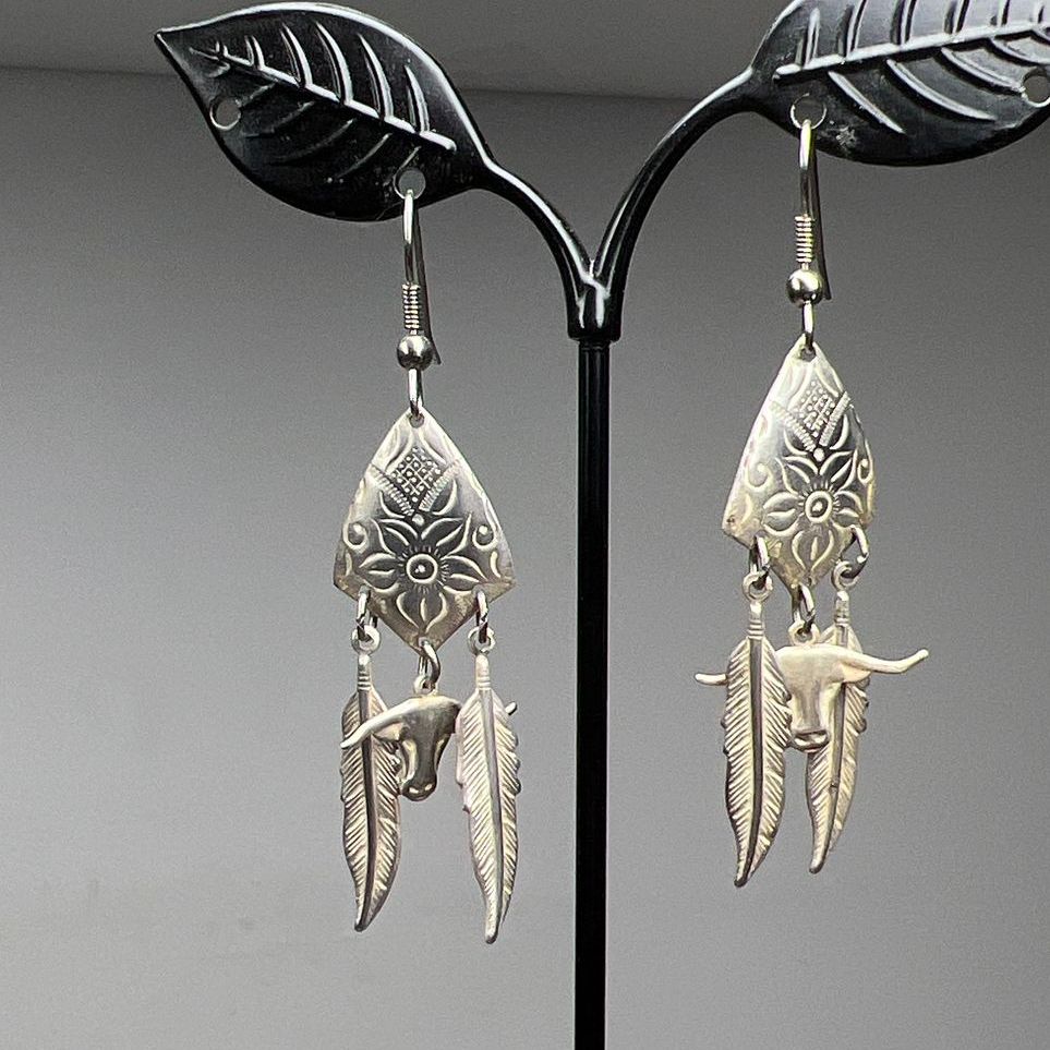 Sterling Silver Engraved Bull Feather Dangle Earrings 4.59g