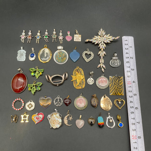 Vintage Costume Jewelry Lot 40+ Pendants Charms Rhinestone Heart KC Chiefs