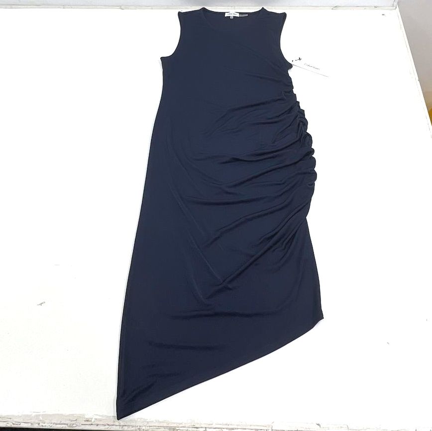Calvin Klein Sleeveless Ruched Asymmetrical Hem Sheath Dress Navy Blue Size S