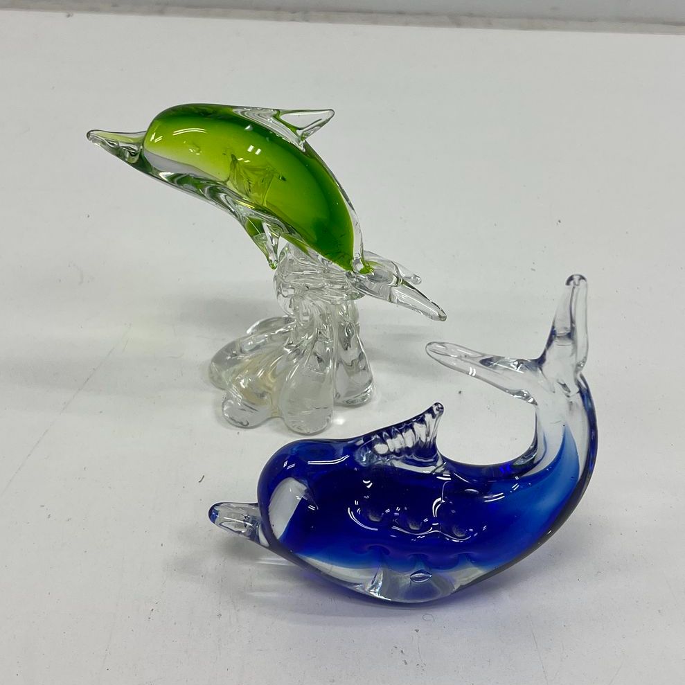 Vintage Murano Style Art Glass Dolphin Figurines Lot 2 Cobalt Blue Lime Green