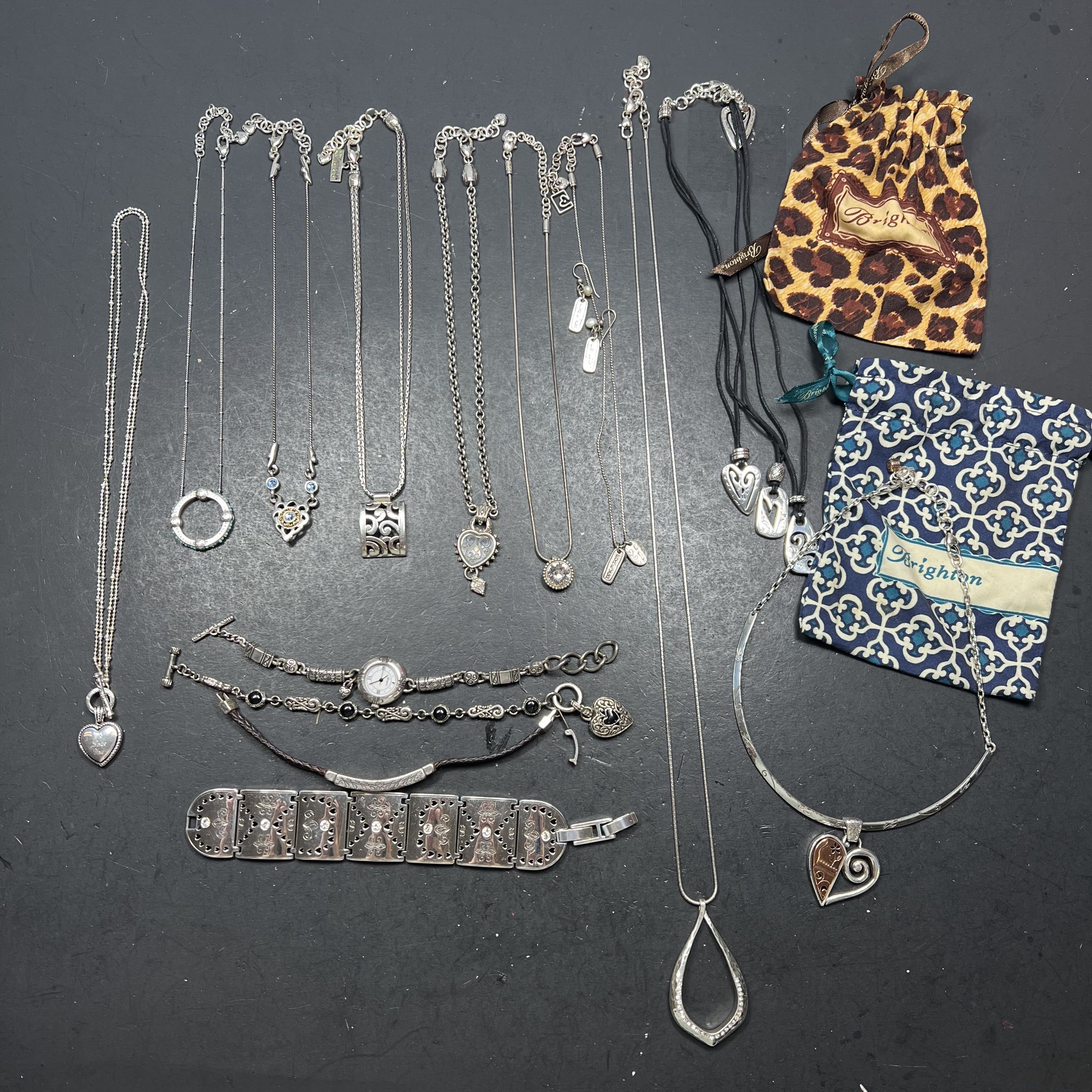 Brighton Jewelry Lot 14pc Necklaces Bracelets Watch Charms Silver Tone Heart