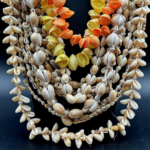Vintage Boho Costume Jewelry Lot Shell Cowrie Bivalve Necklaces 10 Pieces
