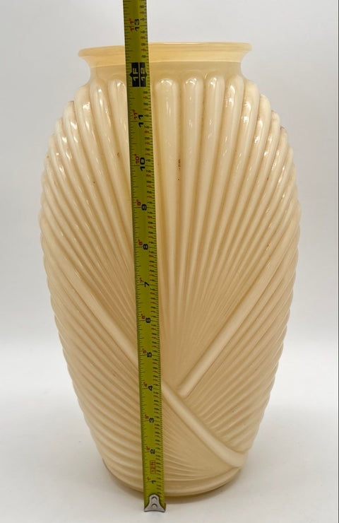 Art Deco Custard Glass Vase Large 13 Inch Sunburst Fluted Fan Motif Vintage