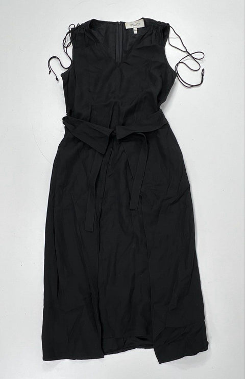 Derek Lam 10 Crosby Women's Black V-Neck Ruched Shoulder Belted Midi Dress Sz 4