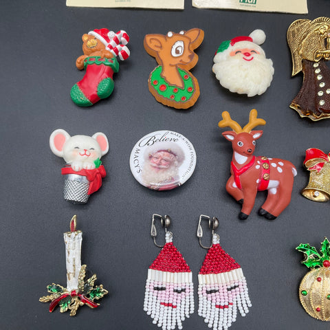 Vintage Christmas Holiday Jewelry Lot 22pc Brooches Pins Earrings FIGI Macy's
