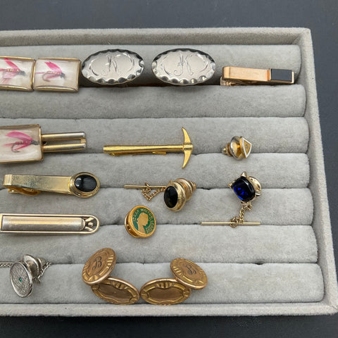 Vintage Men's Costume Jewelry Lot Cufflinks Tie Bars Pins Gold Silver Tone